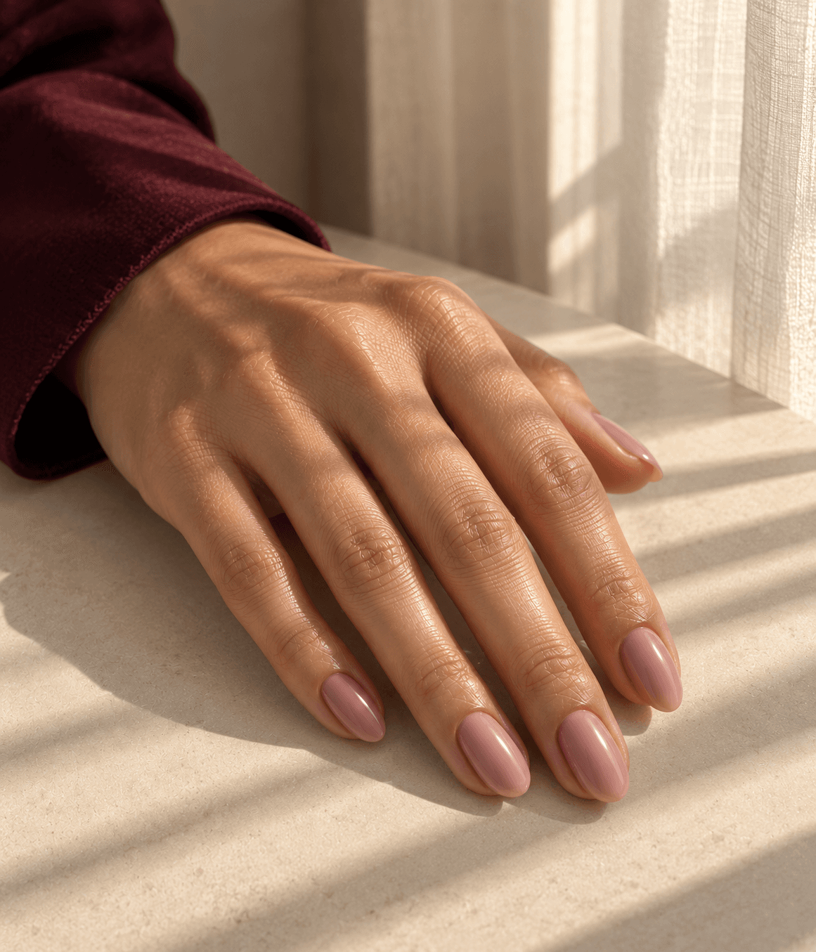 Sculpted manicure photographed in natural light