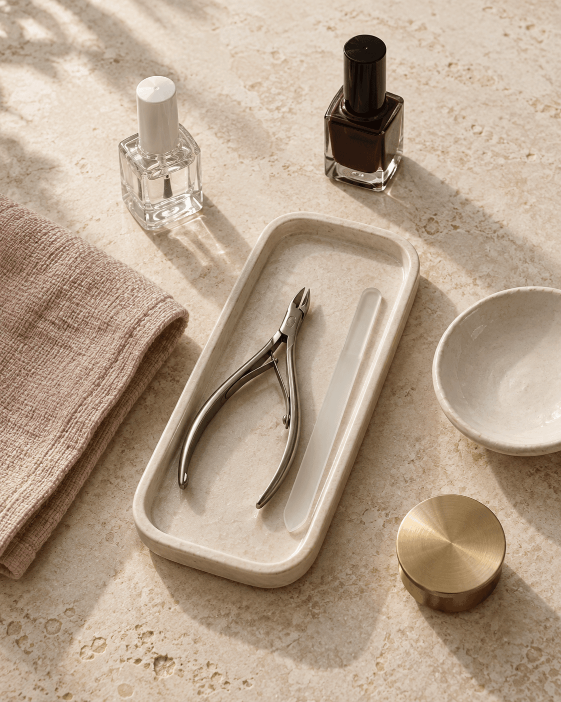 Nail care tools and products arranged for a service